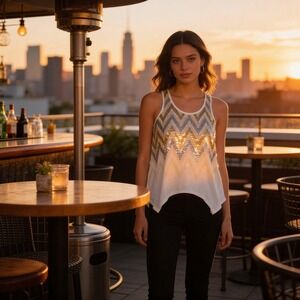 Almost Famous White Sequin Chevron Tank Top Sharkbite Hem Racerback XL P160573